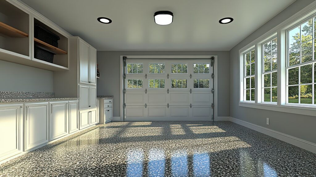 Bright garage workshop sunlight epoxy floor This is a picture for a blog about flake epoxy flooring for your garage.