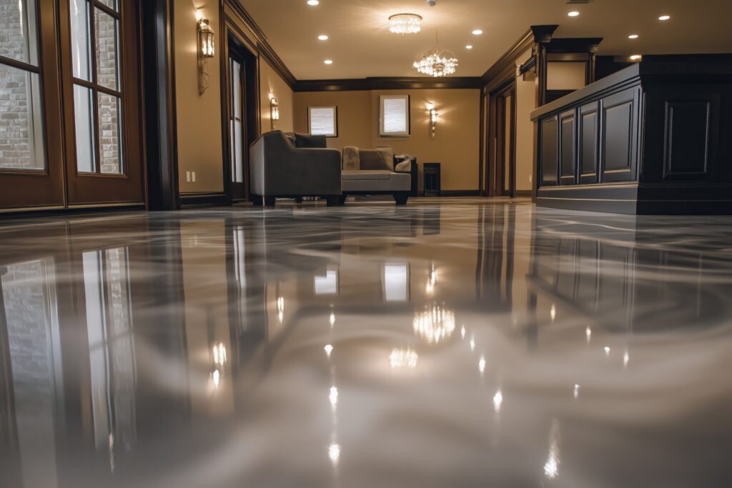 Luxurious seamless epoxy flooring reflecting ceiling lights This is a picture for a blog about the top benefits of installing epoxy flooring in your home or business.