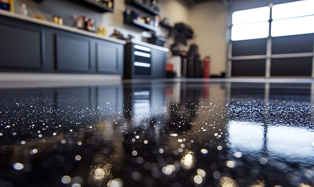 Close-up of an epoxy garage floor with metallic flakes reflecting light This is for a blog about what flake epoxy flooring is what why homeowners love it.