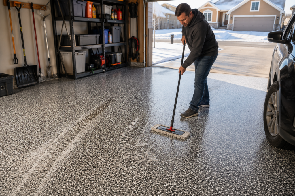 kansas-city-epoxy-garage-floors-maintenance-elite-epoxy-floors-june-2026-blog-02 Clean Kansas City epoxy garage floor being maintained with simple tools