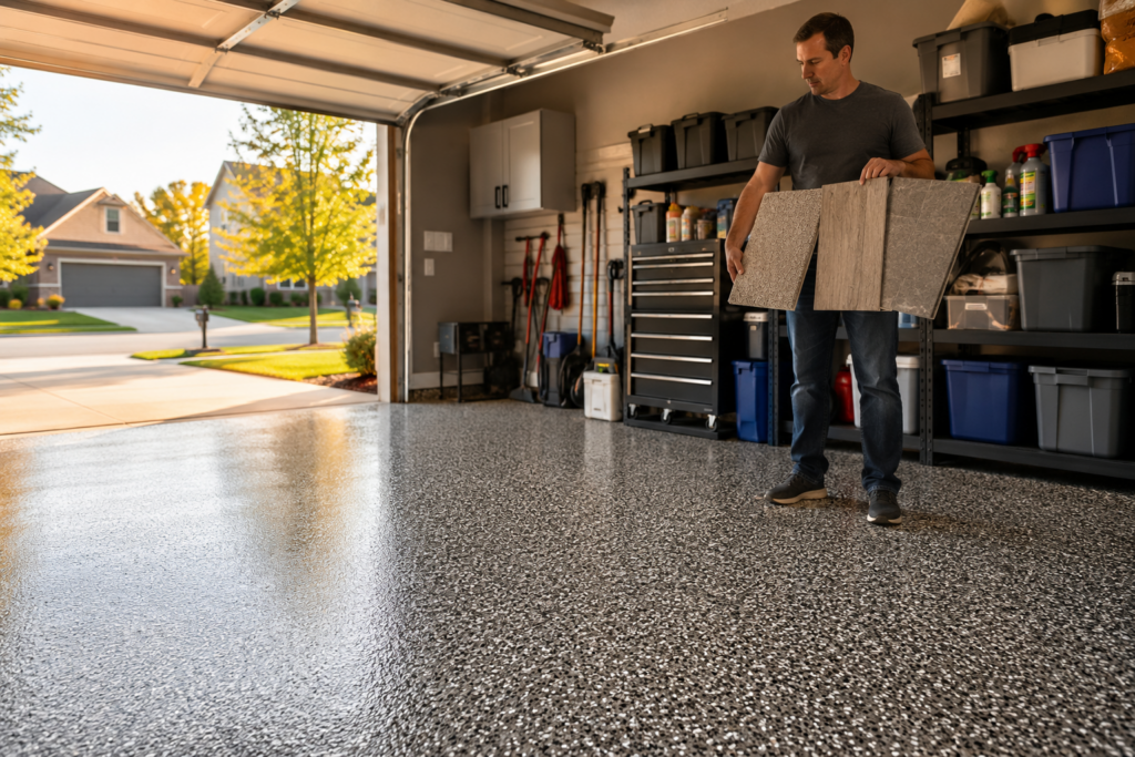 residential-epoxy-flooring-comparison-elite-epoxy-floors-july-2026-blog-01 Residential epoxy flooring in a clean garage compared with other home flooring options